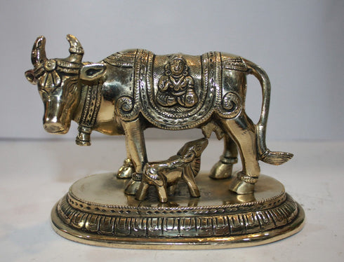 Brass Cow With Calf Statue 1211g